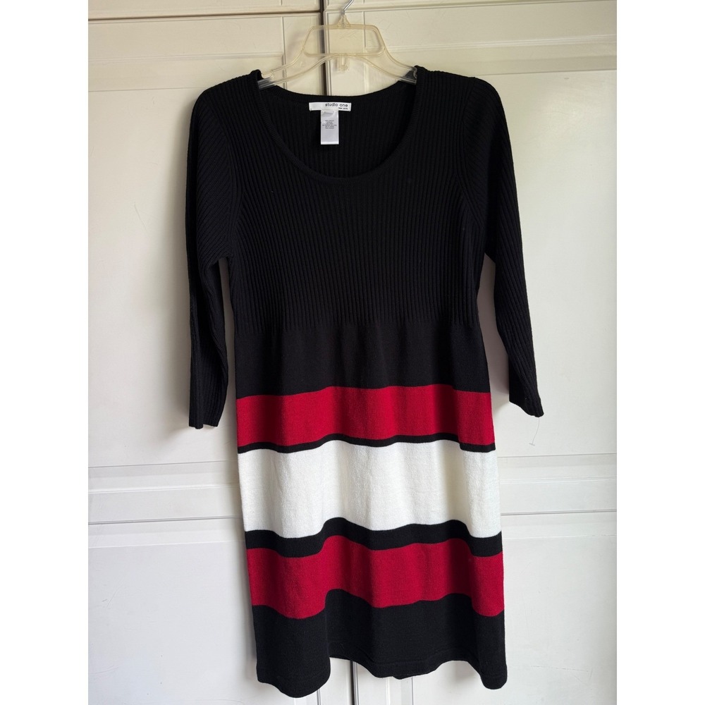 Studio One New York Sweater‎ Dress Petite Large Black Red White Striped Knit New